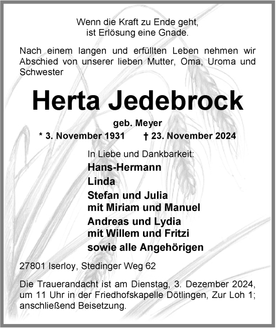 Traueranzeige von Herta Jedebrock von Nordwest-Zeitung