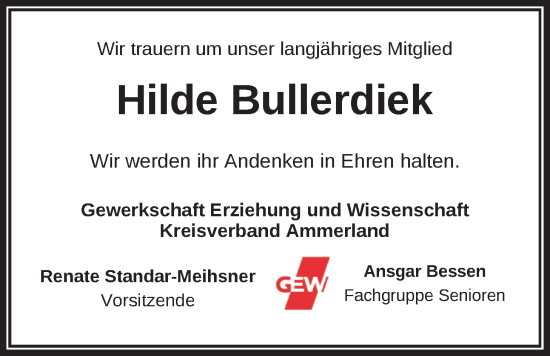 Traueranzeige von Hilde Bullerdiek von Nordwest-Zeitung