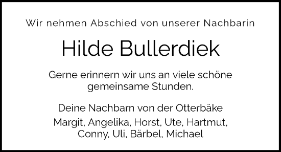 Traueranzeige von Hilde Bullerdiek von Nordwest-Zeitung