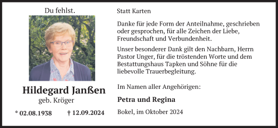 Traueranzeige von Hildegard Janßen von Nordwest-Zeitung