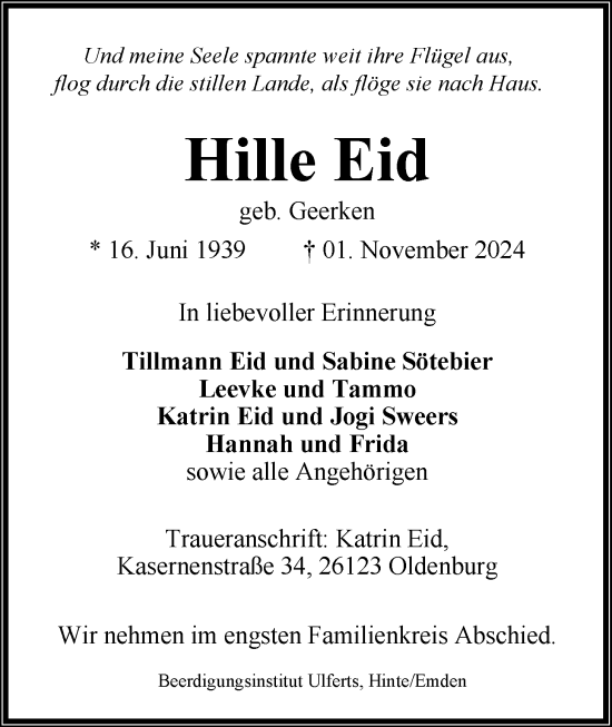 Traueranzeige von Hille Eid von Emder Zeitung