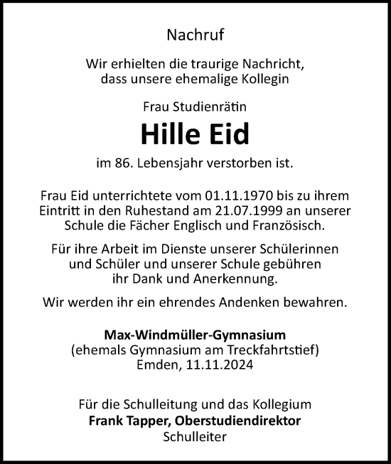 Traueranzeige von Hille Eid von Emder Zeitung