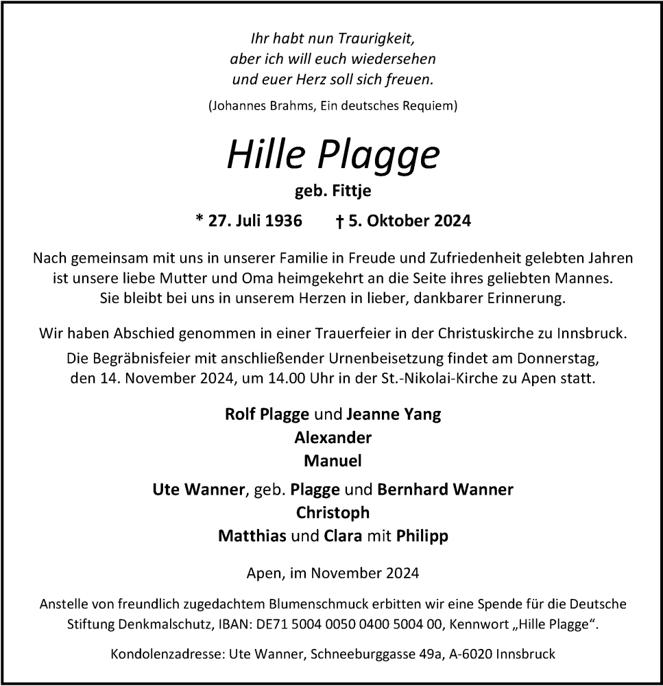  Traueranzeige für Hille Plagge vom 08.11.2024 aus Nordwest-Zeitung