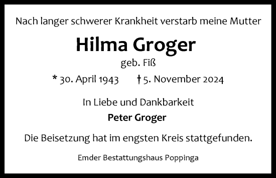 Traueranzeige von Hilma Groger von Emder Zeitung