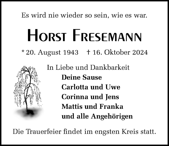 Traueranzeige von Horst Fresemann von Nordwest-Zeitung