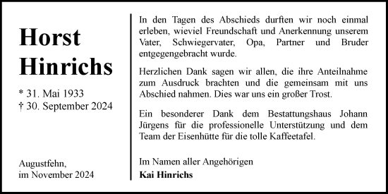 Traueranzeige von Horst Hinrichs von Nordwest-Zeitung