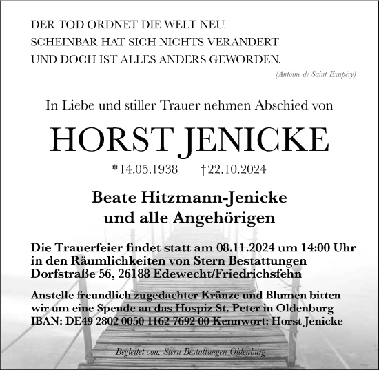 Traueranzeige von Horst Jenicke von Nordwest-Zeitung