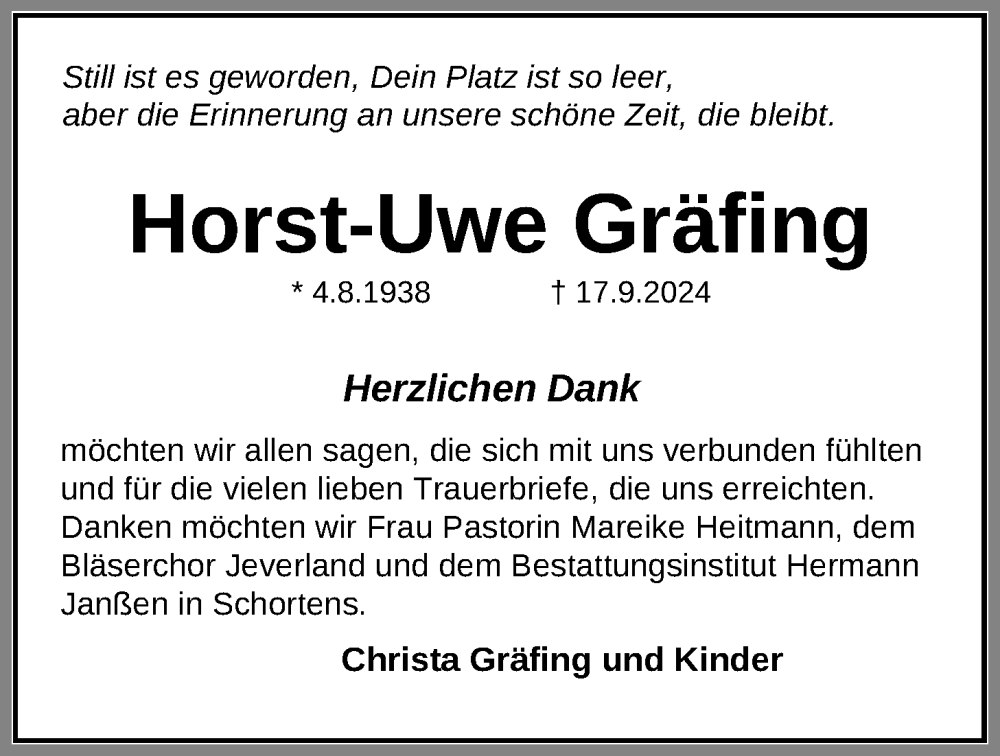  Traueranzeige für Horst-Uwe Gräfing vom 09.11.2024 aus WZ/JW/AH