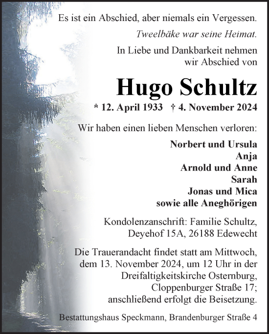 Traueranzeige von Hugo Schultz von Nordwest-Zeitung