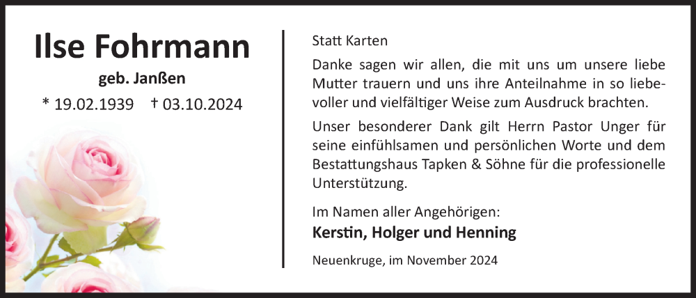  Traueranzeige für Ilse Fohrmann vom 23.11.2024 aus Nordwest-Zeitung
