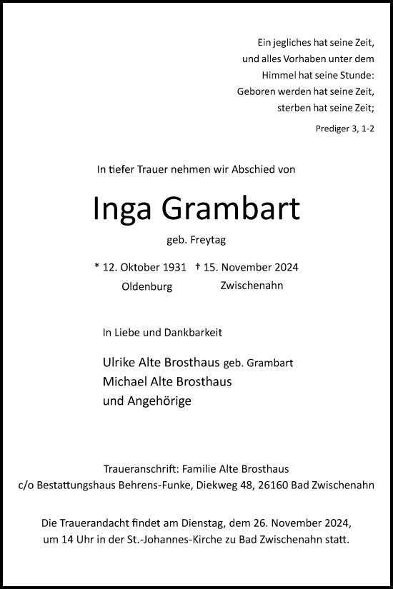 Traueranzeige von Inga Grambart von Nordwest-Zeitung