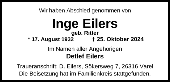 Traueranzeige von Inge Eilers von Nordwest-Zeitung