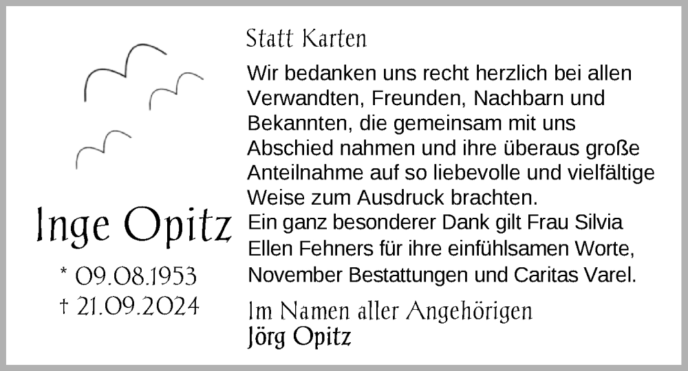  Traueranzeige für Inge Opitz vom 05.11.2024 aus Nordwest-Zeitung