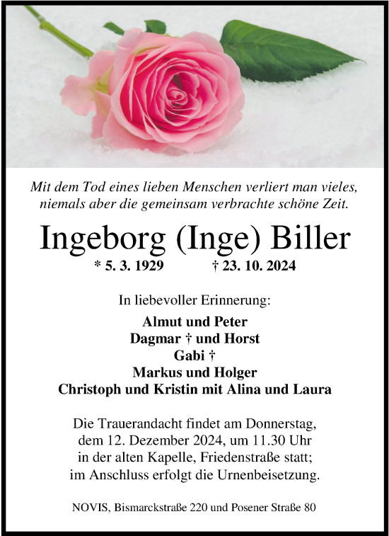 Traueranzeige von Ingeborg Biller von WZ/JW/AH