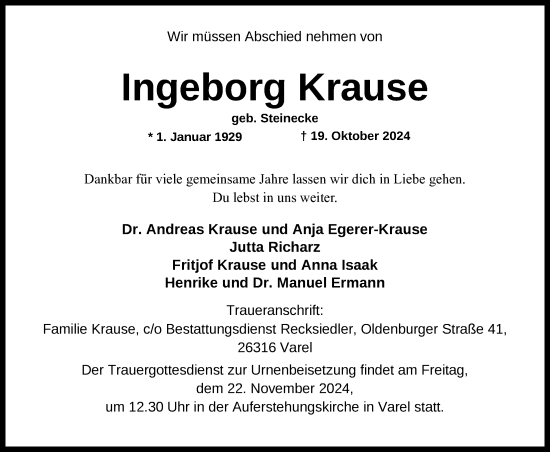 Traueranzeige von Ingeborg Krause von Nordwest-Zeitung