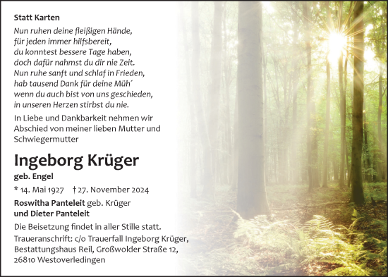 Traueranzeige von Ingeborg Krüger von WZ/JW/AH