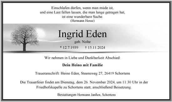 Traueranzeige von Ingrid Eden von WZ/JW/AH