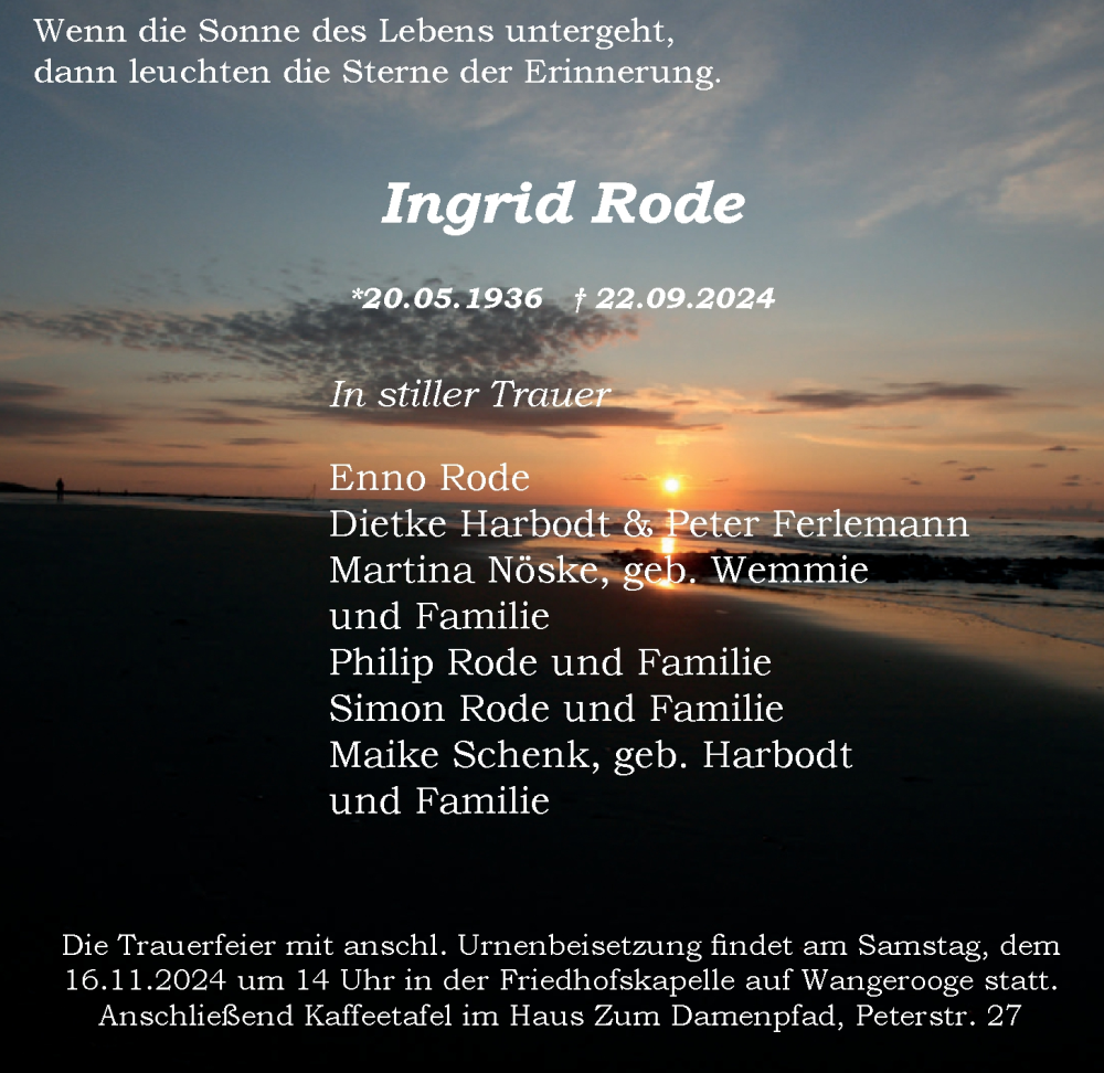  Traueranzeige für Ingrid Rode vom 12.11.2024 aus Nordwest-Zeitung