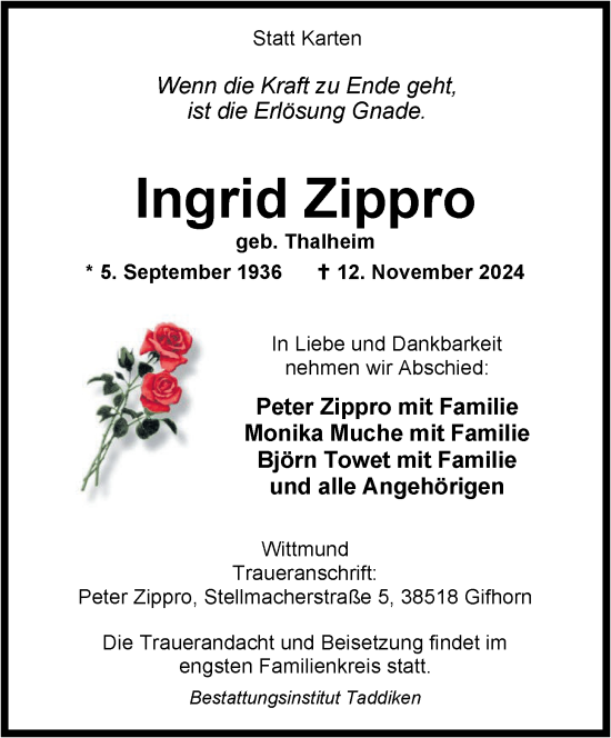 Traueranzeige von Ingrid Zippro von WZ/JW/AH