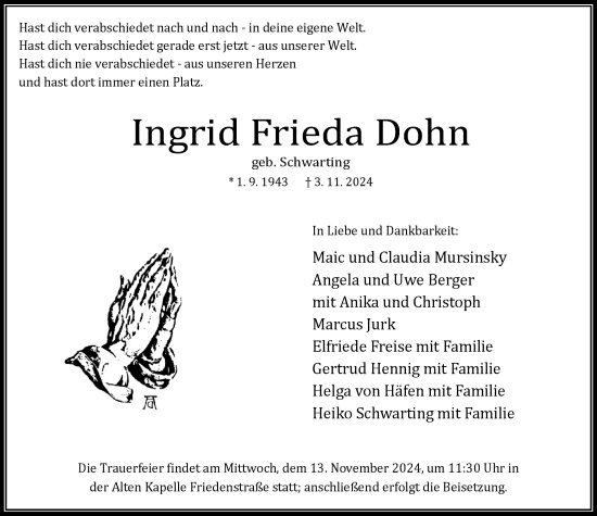Traueranzeige von Ingrid Frieda Dohn von WZ/JW/AH