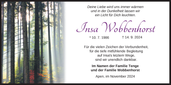 Traueranzeige von Insa Wobbenhorst von Nordwest-Zeitung