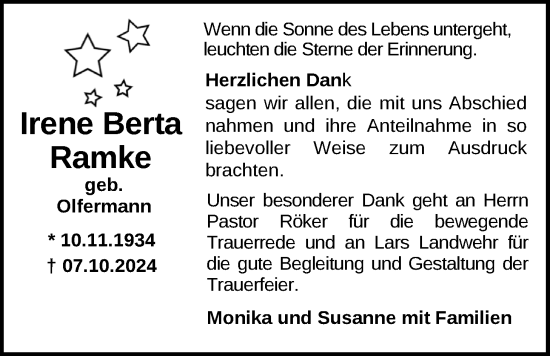 Traueranzeige von Irena Berta Ramke von Nordwest-Zeitung