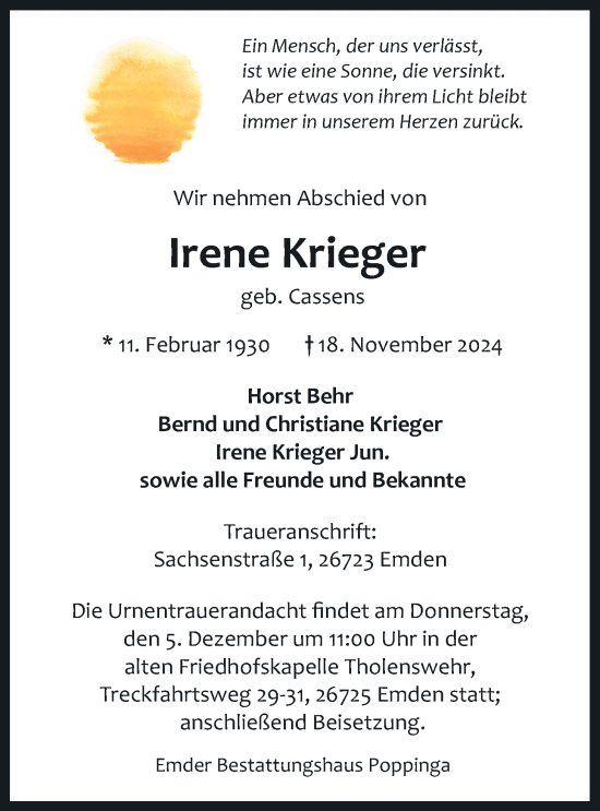 Traueranzeige von Irene Krieger von Emder Zeitung