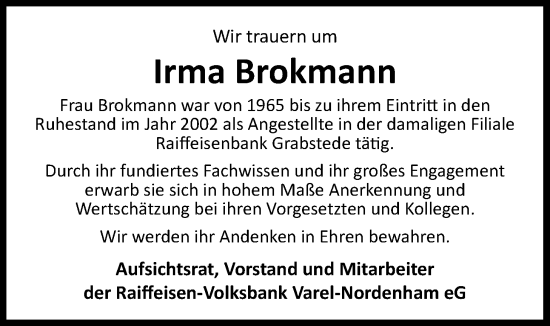 Traueranzeige von Irma Brokmann von Nordwest-Zeitung