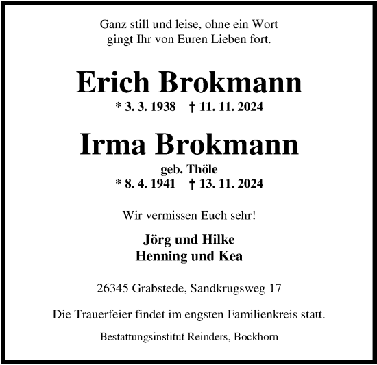 Traueranzeige von Irma Brokmann von Nordwest-Zeitung