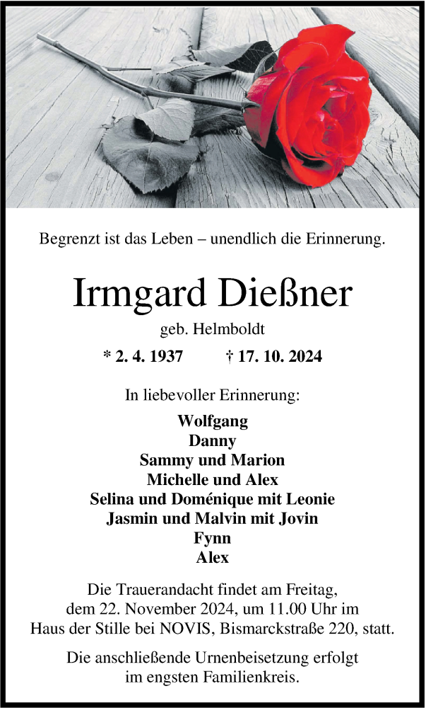  Traueranzeige für Irmgard Dießner vom 09.11.2024 aus WZ/JW/AH