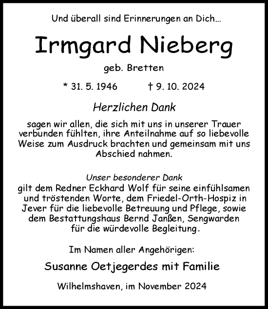 Traueranzeige von Irmgard Nieberg von WZ/JW/AH