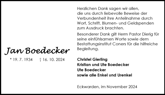 Traueranzeige von Jan Boedecker von Nordwest-Zeitung