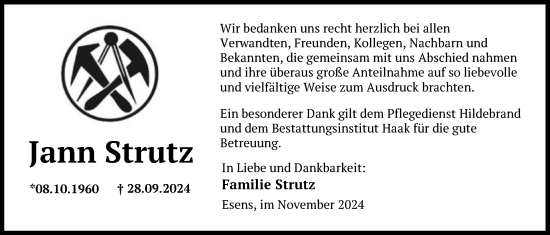 Traueranzeige von Jann Strutz von WZ/JW/AH