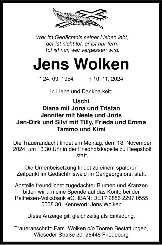 Traueranzeige von Jens Wolken von WZ/JW/AH