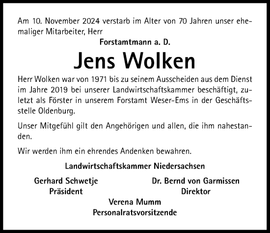 Traueranzeige von Jens Wolken von WZ/JW/AH