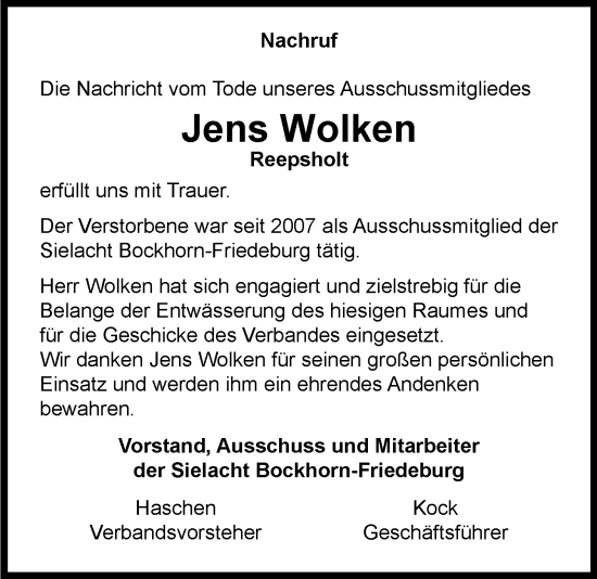 Traueranzeige von Jens Wolken von WZ/JW/AH