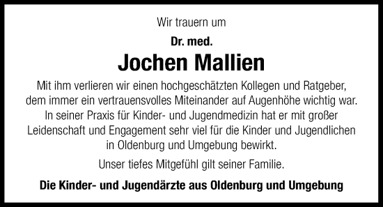Traueranzeige von Jochen Mallien von Nordwest-Zeitung