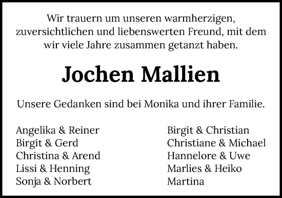 Traueranzeige von Jochen Mallien von Nordwest-Zeitung