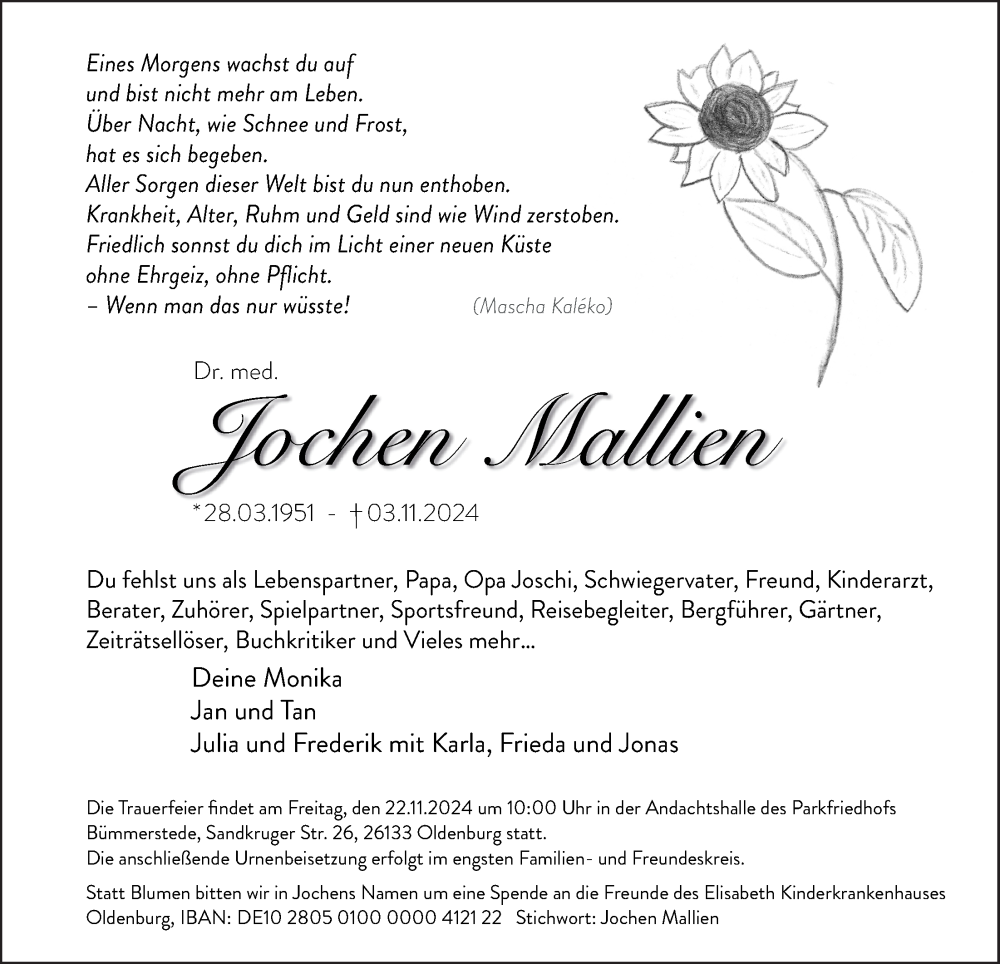  Traueranzeige für Jochen Mallien vom 16.11.2024 aus Nordwest-Zeitung