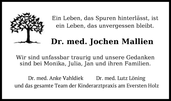 Traueranzeige von Jochen Mallien von Nordwest-Zeitung