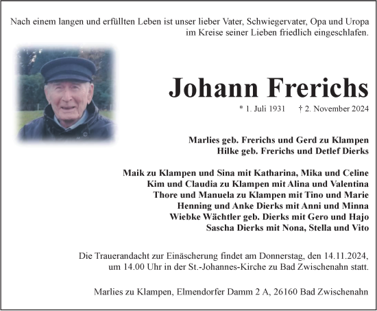 Traueranzeige von Johann Frerichs von Nordwest-Zeitung