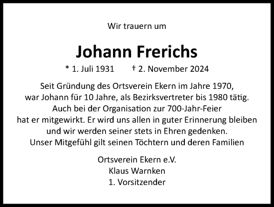 Traueranzeige von Johann Frerichs von Nordwest-Zeitung