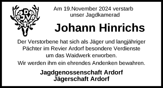 Traueranzeige von Johann Hinrichs von WZ/JW/AH