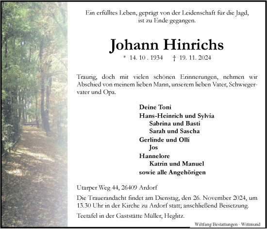 Traueranzeige von Johann Hinrichs von WZ/JW/AH