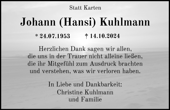 Traueranzeige von Johann Kuhlmann von Nordwest-Zeitung