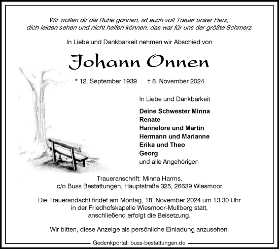 Traueranzeige von Johann Onnen von WZ/JW/AH