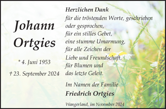 Traueranzeige von Johann Ortgies von WZ/JW/AH