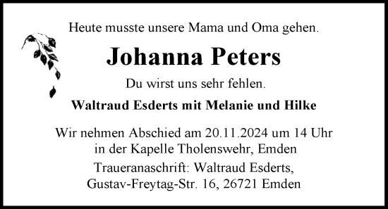 Traueranzeige von Johanna Peters von Emder Zeitung