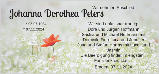 Traueranzeige von Johanna Dorothea Peters von Emder Zeitung