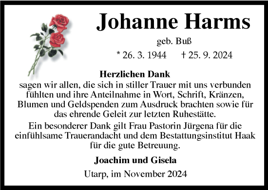 Traueranzeige von Johanne Harms von WZ/JW/AH